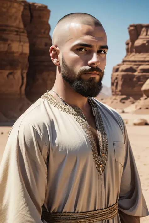 1 white male, shaved headhair, short scruffy beard, wearing a caftan, untrained body, ugly face, 25 years old, desert background...