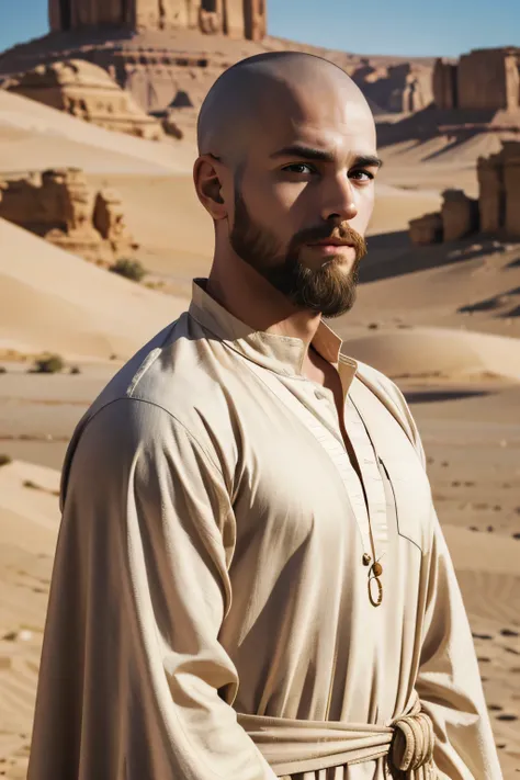 1 white male, shaved headhair, short scruffy beard, wearing a caftan, untrained body, ugly face, 25 years old, desert background, absurdres, high res, ultrasharp, 8K, masterpiece, the image should be of absurd resolution and high detail. It should be ultra...