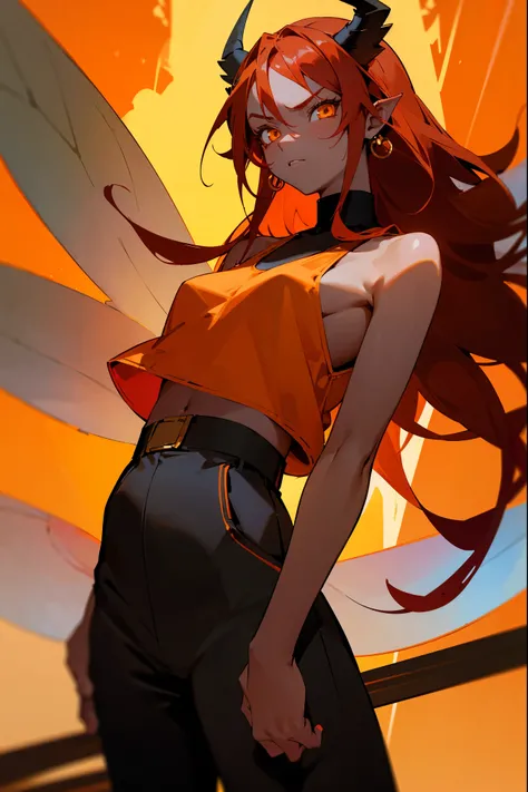 fairy, woman, fairy wings, dark skin, red hair, long hair, orange highlights, yellow horns, red aura,serious face, light yellow eyes, cowboy shot, black tanktop, black pants, red earrings, standing in front of camera, staring at camera, forest background, ...