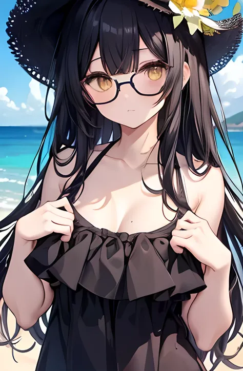 One Woman、Black Hair、Long Hair、Yellow Eyes、Clear Eyes、Droopy eyes、Round Glasses、Embarrassing、Black frilly swimsuit、Are standing、Cover your body with your hands、Beach、null、sun、anime、Very detailed。