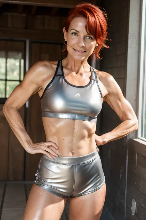 Masterpiece, 56 year old girl, metallic gray sports bra, metallic gray short shorts, booty shorts, wet skin, red hair, freckles, facing the camera, standing 