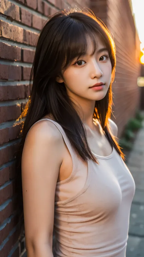 close-up of beautiful beautiful korean female, 34 inch breasts size, tied hair, wearing tank top, lean against the brick wall, sunset light, bokeh background,UHD