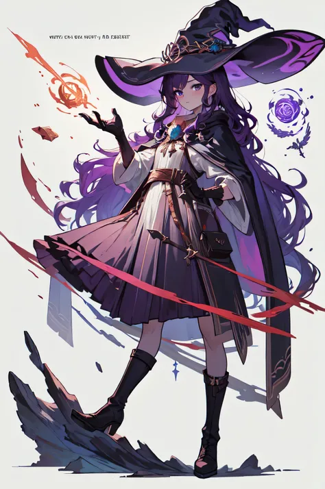 Clear lines,flexist color, Fantasy Class,witch, 1 Girl,Watching_exist_Viewer, Purple Hair,Long hair,Long Wavy Hair, cape,Gloves,skirt,witch hexist,leexisther boots,Black socks, pexistterns,decorexistion, (White background), hands down , aldult