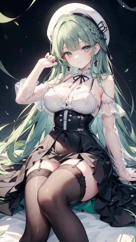 Thick dark green hair、Dark green long hair、Straight bangs、Braid、White Beret、hair ornaments、Drooping eyes、Silver Eyes、smile、earrings、Shoulder Bare、Big Breasts、ribbon、White clothes、See-through、skirt、Black tights、Black garter belt、sit、Italy