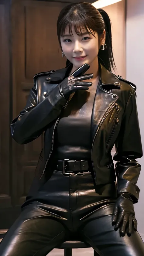 black leather rider jacket, Office in the Dark, Black leather gloved fingertips on both hands,Wearing black leather gloves,Sitting in a black leather chair、 Japanese female new recruits (Black leather gloves cover both hands) (The angle is horizontal)、Blac...