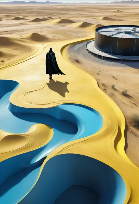 Man in black cape in the desert walking alone, mostly blue tones and small details in yellow, construction, construction site, Building in the background, floor, 8k, 4D, futuristic, water tank in the background, ornate desert, aerial view, drone view, seen...