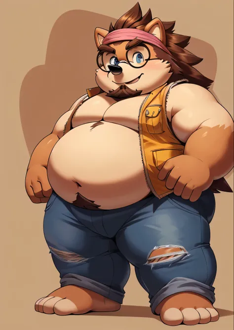 solo，male people，chubbiness，， solo，  tmasterpiece，Correct body proportions，overweight，hedgehog，Shattered beard，Round glasses，brown hair，Yellow  vest ，Pink headband，jeans，naked,foir,Exquisite eyes,naked