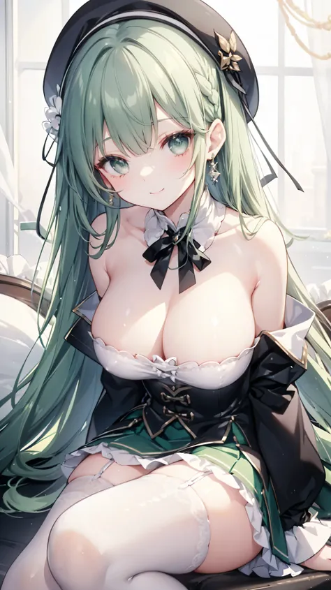 Thick dark green hair、Dark green long hair、Straight bangs、Braid、White Beret、hair ornaments、Drooping eyes、Silver Eyes、smile、earrings、Shoulder Bare、Big Breasts、ribbon、White clothes、See-through、skirt、Black tights、Black garter belt、sit、Italy