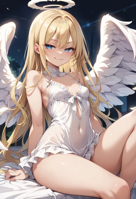 Score_9, score_8_up, 4k, 8k, detailed face, source_anime, smug angel girl with small breasts, pretty girl, thick thighs, blonde hair, long hair, (butakoma 300g), angel wings, white outfit, white babydoll,