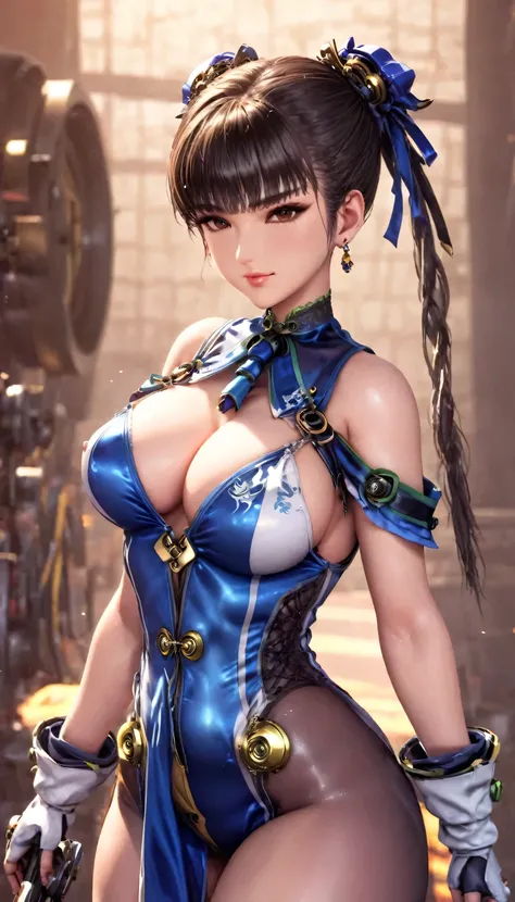 Eve wearing Chun Lis costume, Stellar Blade, large breast, thick thighs, curvy body,1girl,solo,heavy makeup,cute,earrings,ring braid,(lewd smile:1.1),holding mechanical sword,ponytail,idol,hooker, Chun Lis uniform,(battleground:1.1),