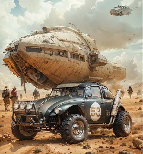 there is a Volkswagen battle car with a large vehicle on the back of it, by Ludwik Konarzewski Jr, by Tadeusz Pruszkówski, stefan koidl inspired, by Jeffrey Smith, dieselpunk art style, inspired by Grzegorz Domaradzki, mad max inspired, by Wayne England