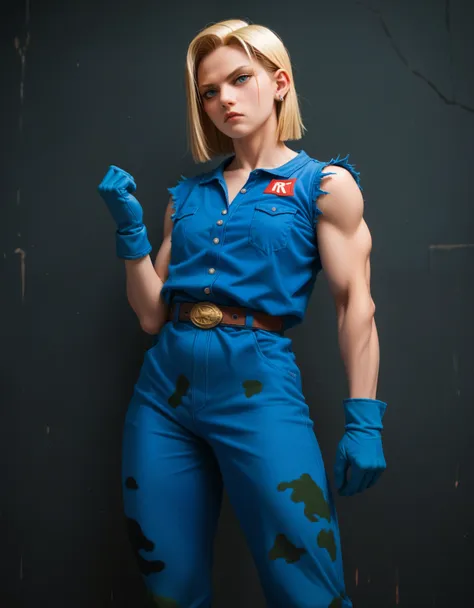 Digital illustration of an Android-18 White female character with muscular build, wearing a tight-fitting blue jumpsuit. She has long blonde hair with two braids, blue gloves. His facial expression is serious, with blue eyes and a determined look. The char...