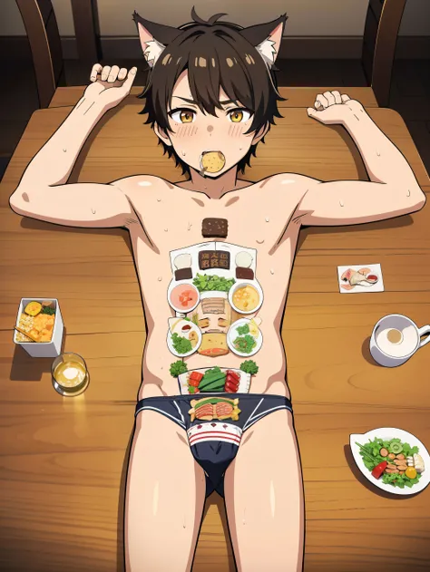 Highres, Masterpiece, Best quality at best,Best Quality,hight quality, hight detailed, 1boy, Shota, Cat ear, Nyotaimori, On table, (Food on his body), (very young boy), Underwear, 12-year-old boys, Armpit, hansome, Sweat