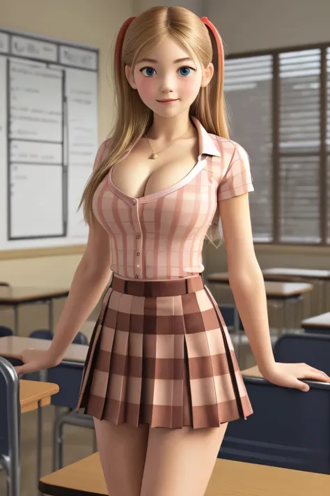 blonde, long hair, 16 years old, medium bust, nipple showing, see-through shirt, white shirt, full red checkered high school skirt, mini skirt, pleated skirt, red long tie, ruler in hand, sexy school girl, realistic school girl, sexy pose, class in the bac...