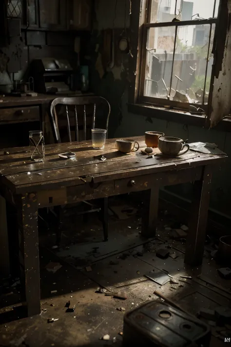 a decrepit old wooden table, broken and worn, cluttered with abandoned objects, shattered glass, chipped ceramic, rusted metal, forgotten relics, dramatic lighting, moody shadows, gritty texture, vintage aesthetic, muted color palette, dramatic contrast, s...