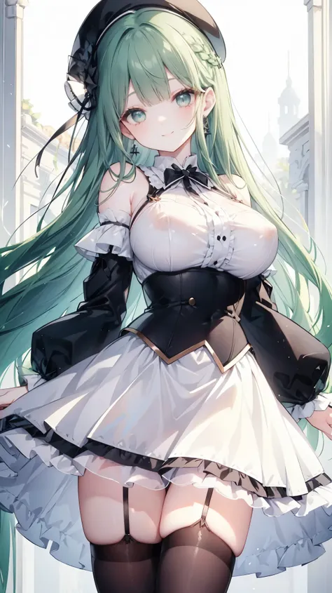 Thick dark green hair、Dark green long hair、Straight bangs、Braid、White Beret、hair ornaments、Drooping eyes、Silver Eyes、smile、earrings、Shoulder Bare、Big Breasts、ribbon、White clothes、See-through、skirt、Black tights、Black garter belt、Italy