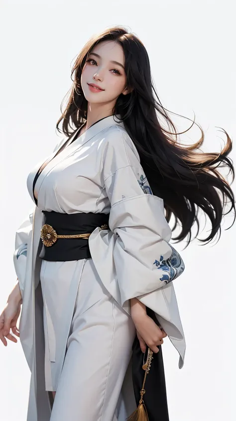 master piece, best quality, ultra detailed, photorealistic, voluptuous, 1 young girl, fair skin, pale skin, long hair, black hair, smile, tareme, mega breasts, gorgeous bluck kimono, cowboy shot, looking up, white background