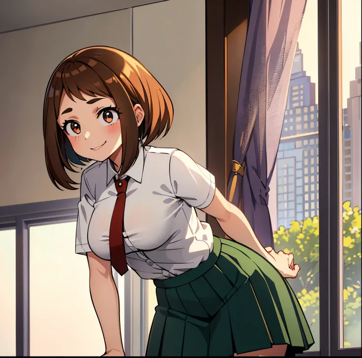 ((1girl)),((alone)),ochako uraraka,(masterpiece), (best quality), (ultra detailed), (best illustration), (best shadow), (absurdities), sharp focus, cowboy shot , dynamic posture looking at the viewer, big breasts, narrow waist, wide hips, wide thighs, roun...