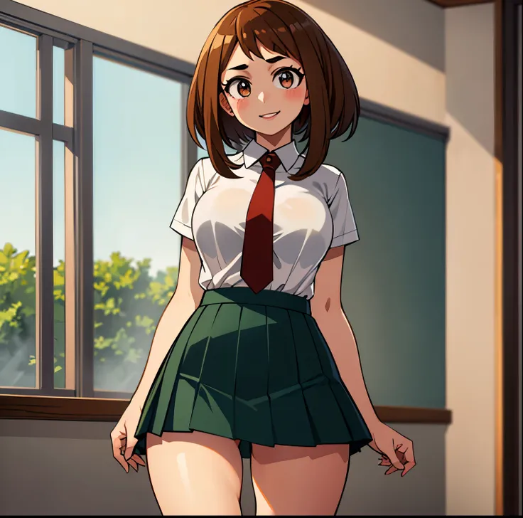((1girl)),((alone)),ochako uraraka,(masterpiece), (best quality), (ultra detailed), (best illustration), (best shadow), (absurdities), sharp focus, cowboy shot , dynamic posture looking at the viewer, big breasts, narrow waist, wide hips, wide thighs, roun...