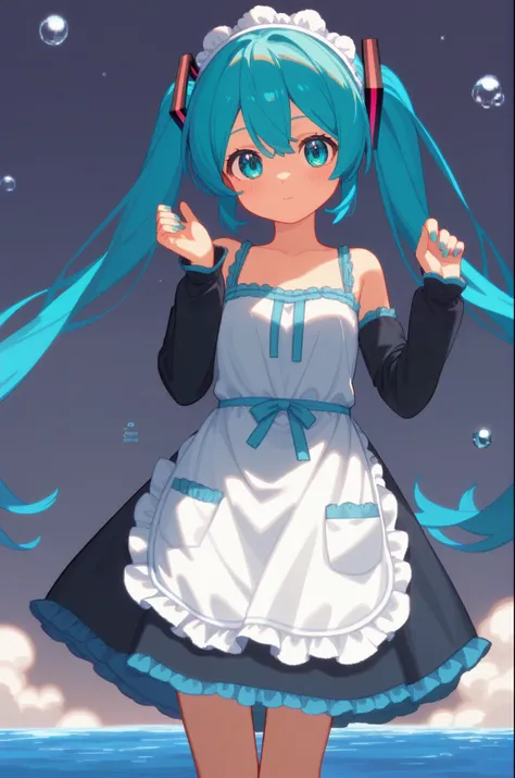 pixel art 1girl, hatsune miku, standing alone, twintails, long hair, housekeeper headdress, grainata, Olhando para o inisualizador, in, housekeeper, apron, detached sleeves, water eyes, trunk, blush, cloused mouth, hair between the eyes, aqua hair, chemise...