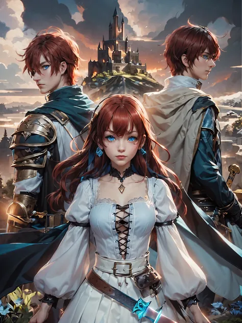 ((3 friends, 2 Men and 1 Woman, medieval world) :2). ((Red-haired woman with blue eyes, white  shirt, blue skirt, sword in hand):2). (Brunette man with dark blue eyes, villager outfit and holds glowing white sphere. green hair man, jumpsuit and holds brigh...