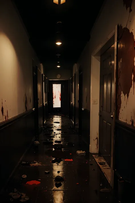 end of the corridor, door ajar, tema de Terror, suspense, blood on the ground, destroyed lights, tenebrosa, grimdark, Terror, horor, fear