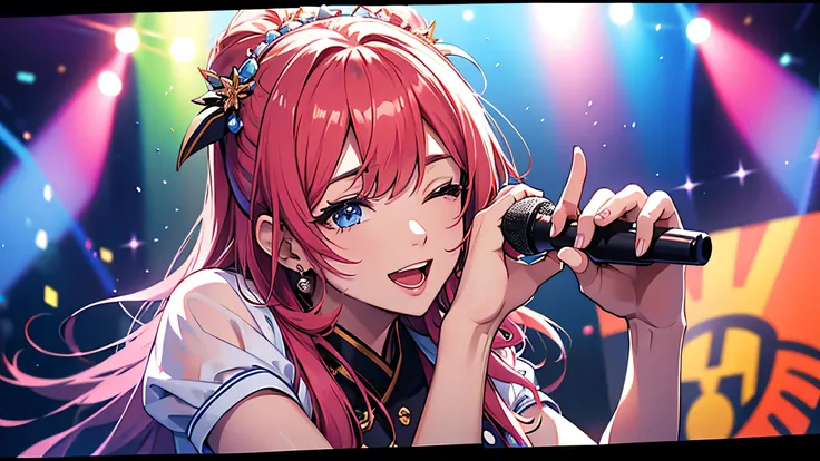 Idol group singing。on stage。A colorful world。Close-up of face。