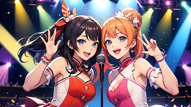 Idol group singing。on stage。A colorful world。Close-up of face。smile。wave hands。