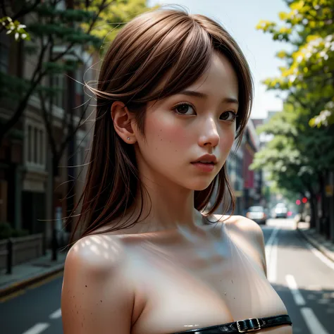 (((Misako Renbutsu)))Beautiful Young Female with Braids on bust top in Dusk City Street, extremely delicate and beautiful,Outstanding light and shadow,Clear and bright sunlight, Professional portrait (Face Closeup from below), Semi-nude photography, ((back...