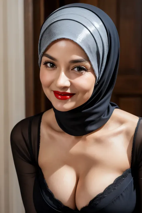 ((Naked red lips)), ((Old Lady :1.5)), (((VERY SHINY SKIN))), Very cute like a Matured Lady, ((Stylish Hijab)), adorable, 2 girl, 55 years old, baby face, shy, half body portrait,smile,  (face details: 1), (eye details: 1), ((round large breasts, cleavage)...