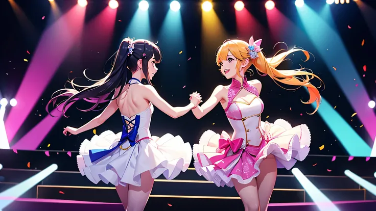 Idol group dancing。on stage。A colorful world。Two people are staring。Holding hands。