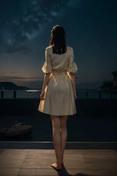 work of art, best qualityer, 1 girl, standing alone, Guizhong_genshin, Standard_don, from behind, Starry sky impression, sleeves over the wrists, bare feet 