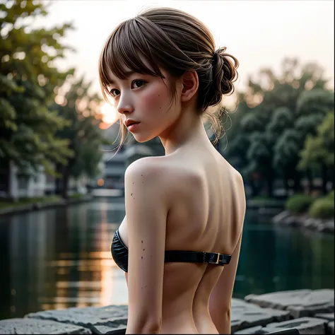 (((misako renbutsu)))beautiful young female with braided pigtails flowing over the bust top(in dusk city street), extremely deli...