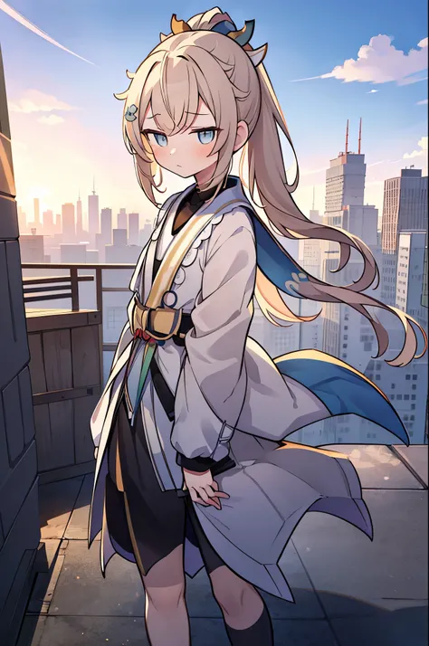 ((kazama iroha)), ((masterpiece)), (High resolution:1.3), (Professional photography:1.2), (ponytail), (Flat Body), Flat Chest, (Highest quality), From above, One girl, alone, (The wind is blowing), signboard, Silky long hair, building, city, cloudy null, c...