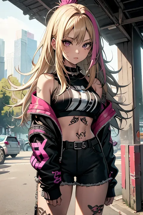 (masterpiece, best quality), 1girl, phlg, blonde hair, pink highlight, outdoors, park, punk, punk crop top, belts, facing viewer...