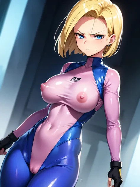 Highest quality, High resolution, whole body,AND18, 1 girl, Android 18, alone, Blonde, blue eyes, short hair,Earrings,Big Breasts,Transparent nipples、 Frowning,Troubled face, Sweat,1 girl, Shiny pink tight suit, Streak,Looking at the audience,