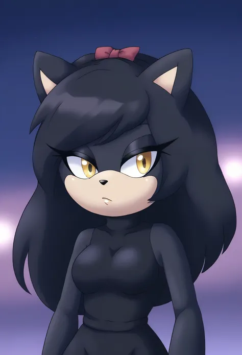 (Blake Belladonna as a Mobian cat), Female cat, (great detail), (tropical background), 1girl, solo, black hair, black fur, amber colored eyes, long hair, bow, hair bow, black bow, bangs, turtleneck, dusk, cloud, (1girl), (solo), outdoors, tree, expressionl...