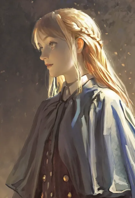 score_9, score_8_up, score_7_up, score_6_up, score_5_up, score_4_up, fkey70, A blonde girl standing, hyperrealistic anime painting, royal clothes, anime painting, no tiara, loose long hair, black background, dramatic diagonal lighting, painterly, realistic...