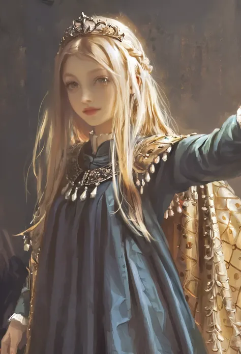 score_9, score_8_up, score_7_up, score_6_up, score_5_up, score_4_up, fkey70, A blonde girl standing, hyperrealistic anime painting, royal clothes, anime painting, no tiara, loose long hair, black background, dramatic diagonal lighting, painterly, realistic...