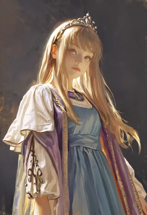 score_9, score_8_up, score_7_up, score_6_up, score_5_up, score_4_up, art of fkey, A girl standing, hyperrealistic anime painting, royal clothes, anime painting, no tiara, loose long hair, black background, dramatic diagonal lighting, painterly, realistic p...