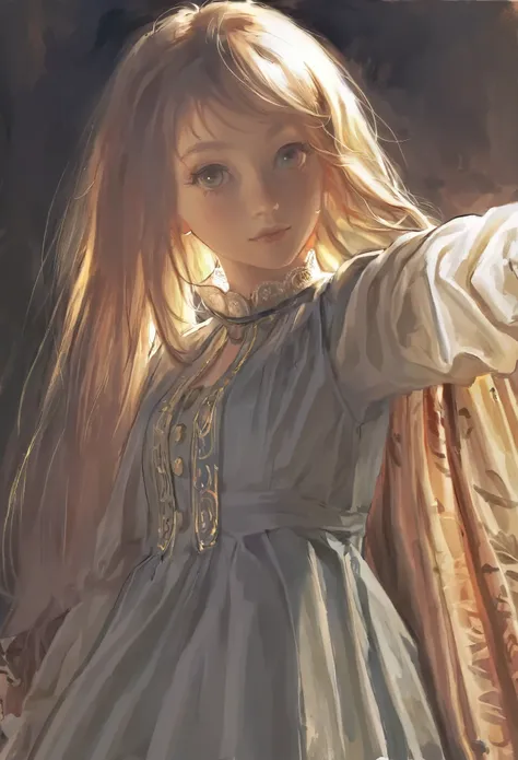 score_9, score_8_up, score_7_up, score_6_up, score_5_up, score_4_up, art of fkey, A girl standing, hyperrealistic anime painting, royal clothes, anime painting, no tiara, loose long hair, black background, dramatic diagonal lighting, painterly, realistic p...