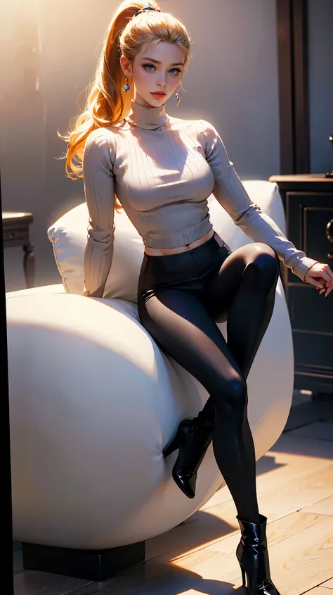 (Best quality, 4K, high resolution, masterpiece:1.2), ultra-detailed, realistic (photo-realistic:1.37), 40 years old, Russian woman, Matriarch of the Russian Mafia Gang, ambitious, elegance, calm, charming, intimidate, (blonde hair, power high ponytail hai...