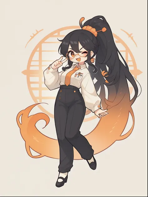 orange lipstick、secretary outfit、siren glasseole,long ponytail、orange and black hair、black hair、orange streaks、fangs、high quality、detailed、wink、full body
