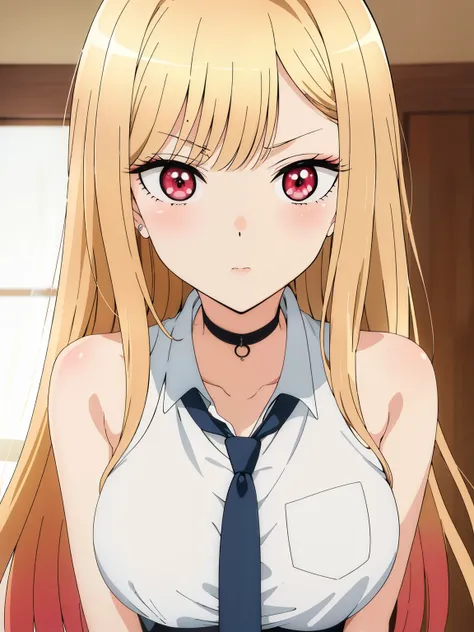 (Day),Simple white background, kiss face blowing a kiss glossy looking very very angry at you for looking at her boob ,Wipe Stand still, 
choker, clavicle,Green tie and shirt,, Collared shirt,
ring,jewelry,
red eye,bangs, Blonde,Long Hair,
1 girl, 18-year-...