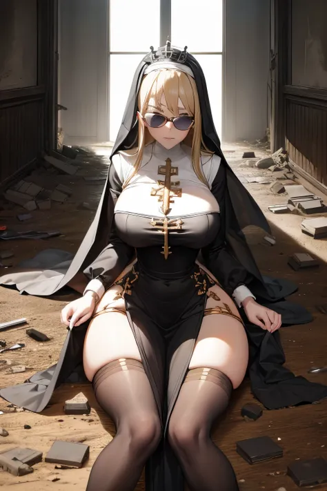 A holy and sweet nun in mirrored sunglasses in a desolate and broken dirty building with many rundown filthy beds, Portrait, Masterpiece, best quality Mirrored_Aviators, marika, queen marika, black dress