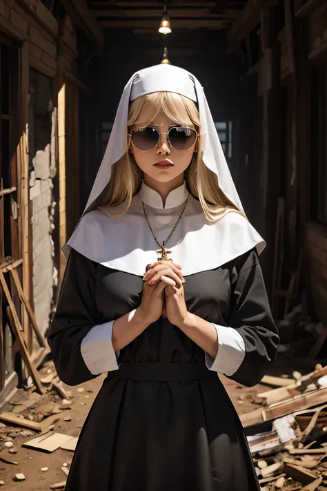 a holy and sweet nun in silver mirrored aviators hands together in prayer inside a desolate and broken dirty building with many ...