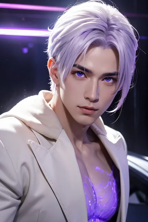 sexy boy with handsome face, purple glow eyes, with white hair, realisitic, sidelight