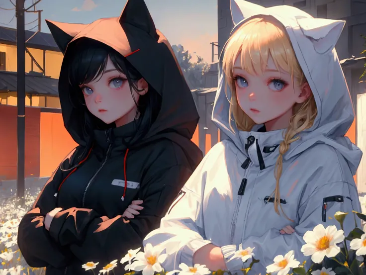 2 cute girls in hooded cat clothes, one girl with black hair and black clothes, another with blonde hair and white clothes, field of flowers in the background, best quality,4k,8k,highres,masterpiece:1.2,ultra-detailed,realistic,photorealistic,photo-realist...