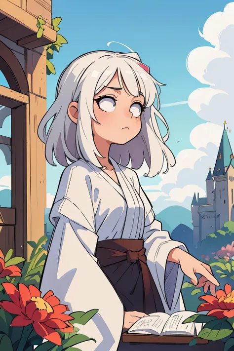 ((best qualityer, work of art)), 
1 girl, Transparent robe, flowers, messy white hair,  open air, clouds in the background,fancy, Mediovale, castle in the background
