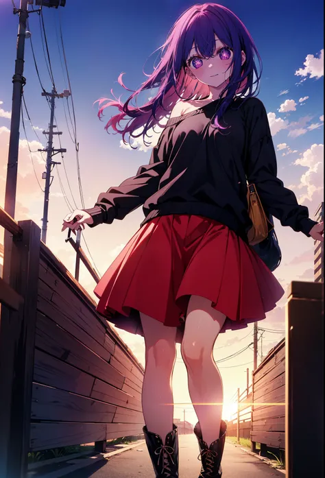 aihoshino, Ai Hoshino, Long Hair, bangs, (Purple eyes:1.1), Purple Hair, (Symbol-shaped pupil:1.5), smile,One-shoulder sweater,Long skirt,short boots,Walking,Daytime,Clear skies,whole bodyがイラストに入るように,
break outdoors, Building district,
break looking at vie...